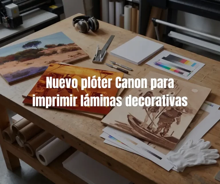Láminas decorativas impresas por un plóter Canon sobre una mesa