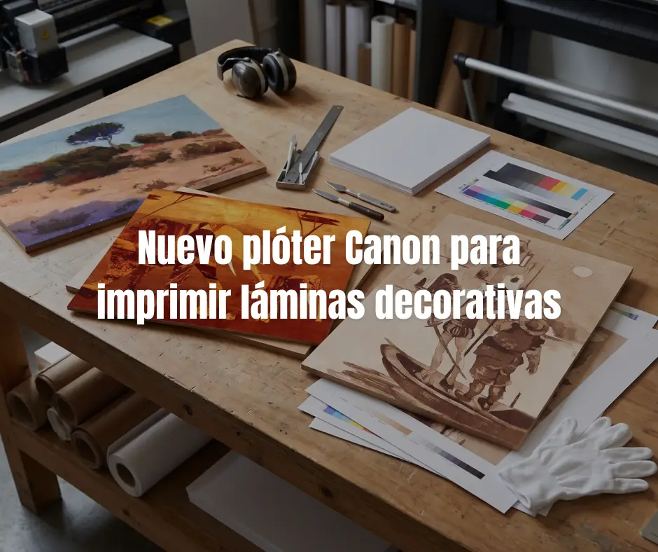 Láminas decorativas impresas por un plóter Canon sobre una mesa